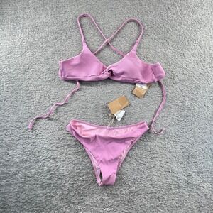 BERLOOK Ribbed Mauve Pink Bikini Set Halter Top High Cut Bottom Swimsuit Medium